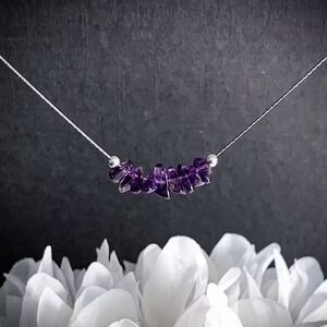 Amethyst Gemstone Beaded Silver Necklace  Asymmetrical Raw Crystal Dainty Boho